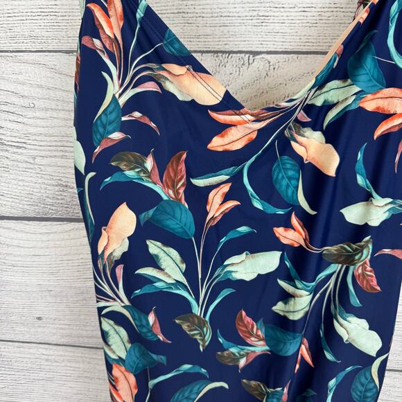 Mynah Plus Size Navy Lush Leaf Printed One Piece Swimsuit Size 24W - Picture 3 of 10